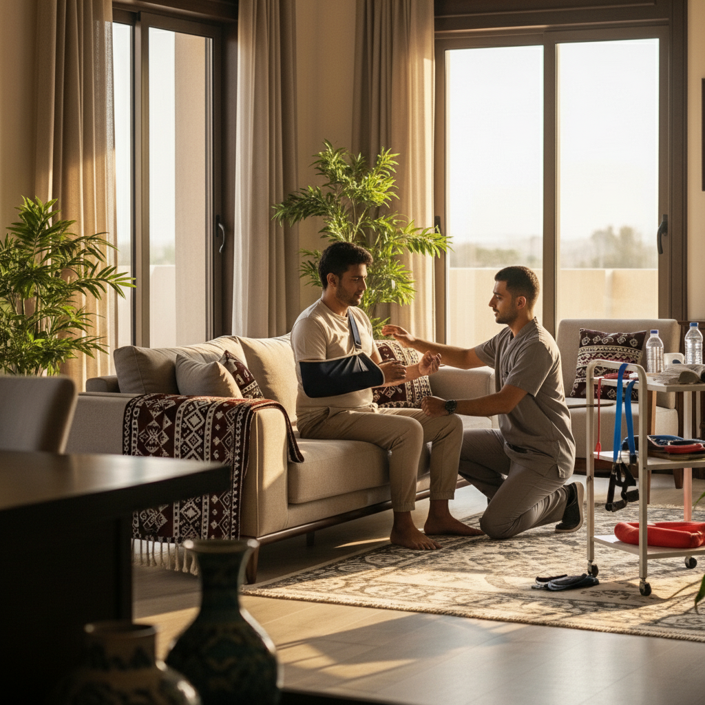 إعادة التأهيل بعد الجراحة خلال جلسة علاج طبيعي منزلي لتحسين الحركة وتسريع التعافي
