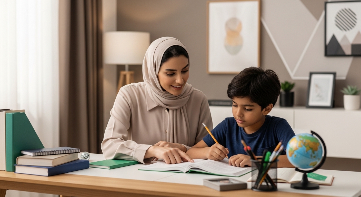 Full-time nanny helping children with daily routines and homework in Riyadh.