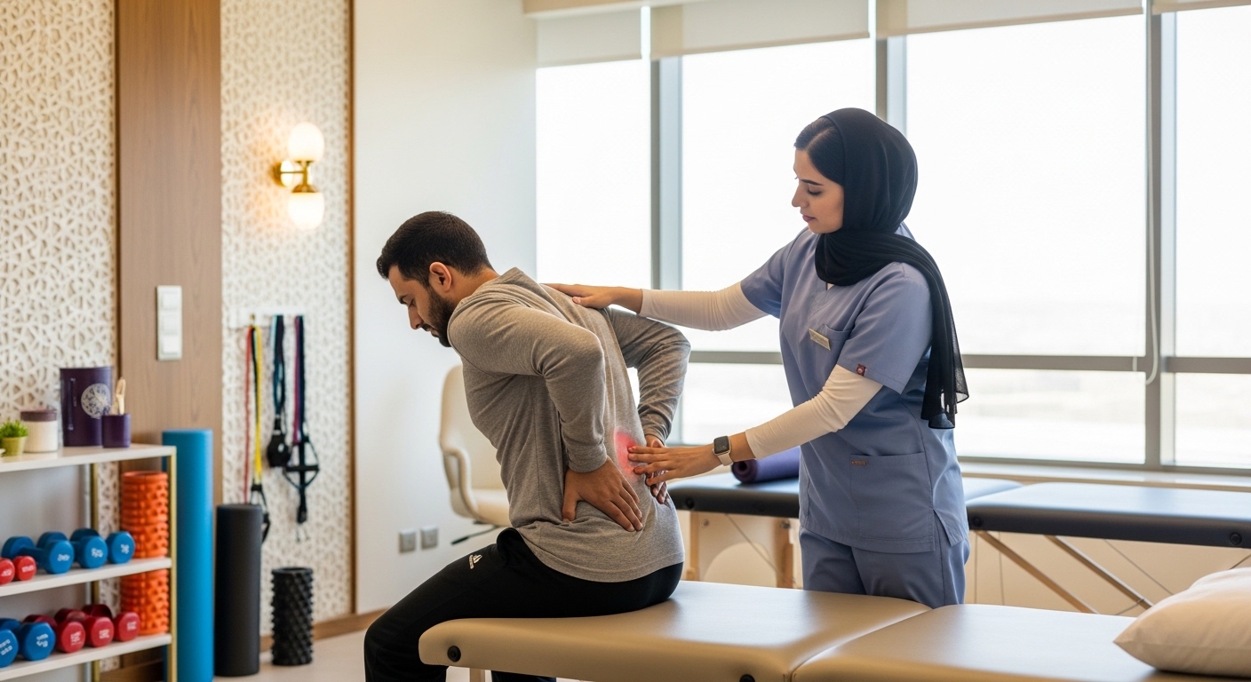 Physiotherapist helping patient with back pain therapy session in Riyadh.