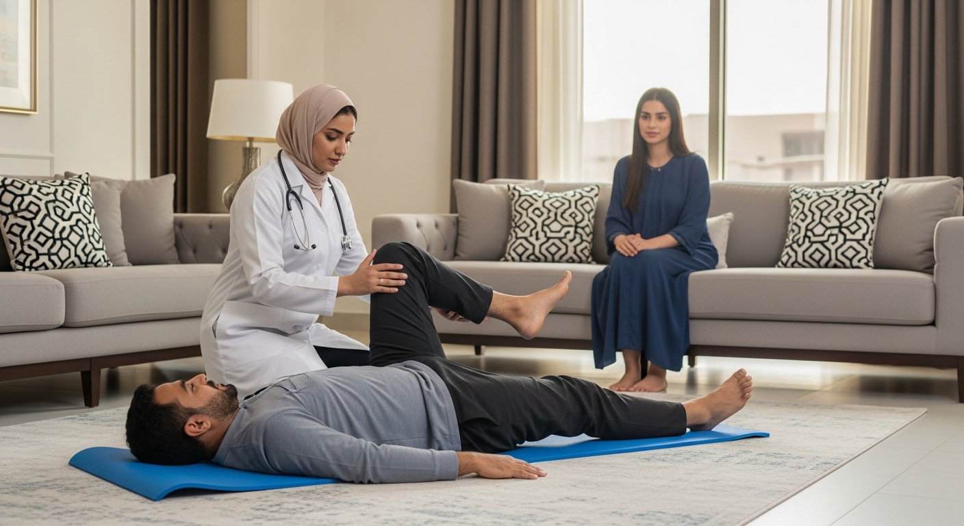 Physiotherapist performing rehabilitation exercises with patient at home.